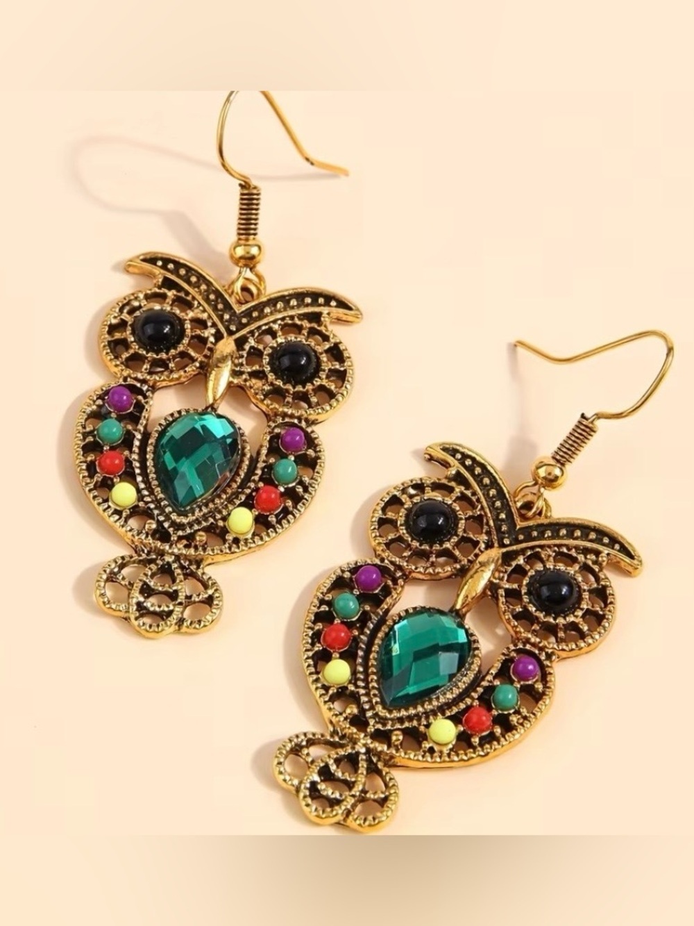NEW! Gold-Tone Owl Drop Earrings with Emerald Green Gemstones. A0-4 - Picture 5 of 5